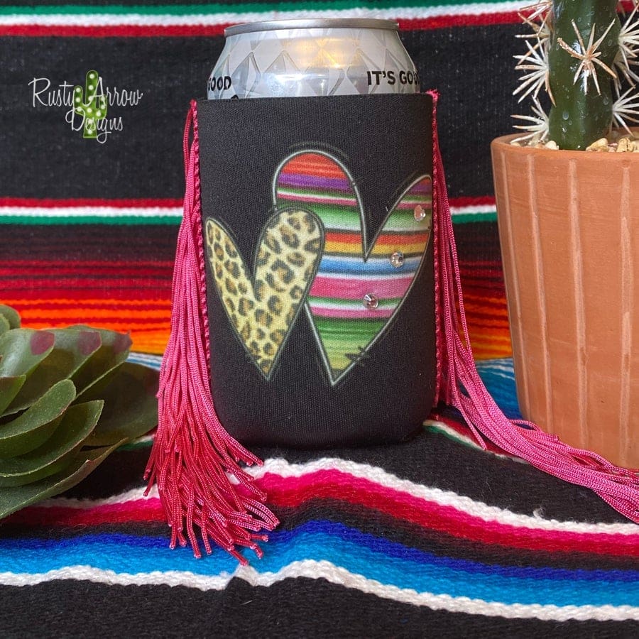 Regular Cheetah and Serape Hearts  Fringe Koozie