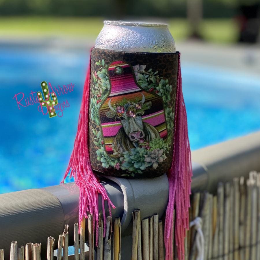 Regular Cheetah Cow Ear Tag Fringe Koozie