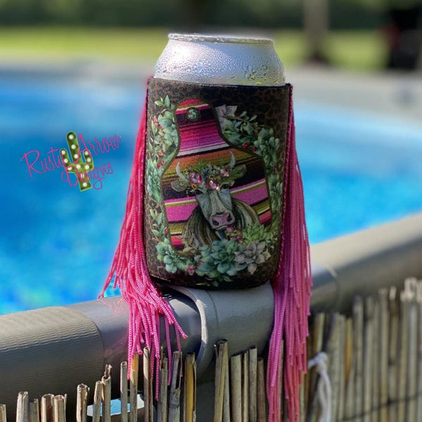 Regular Cheetah Cow Ear Tag Fringe Koozie - Koozie