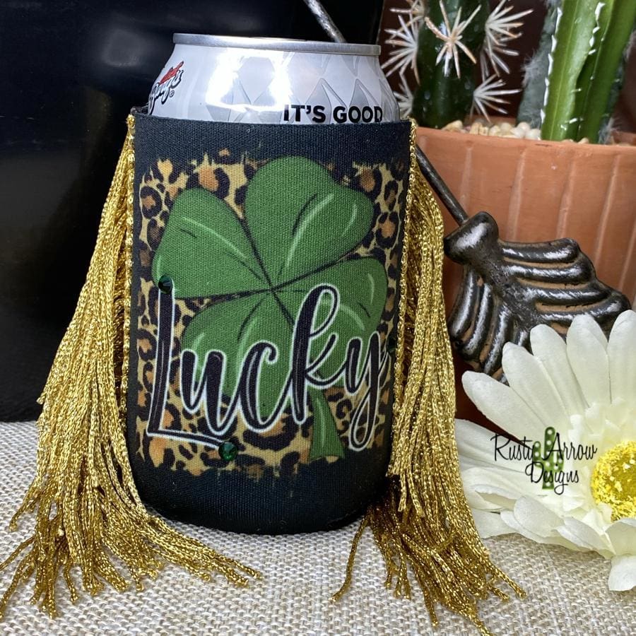 Regular Cheetah Lucky Clover  Fringe Koozie