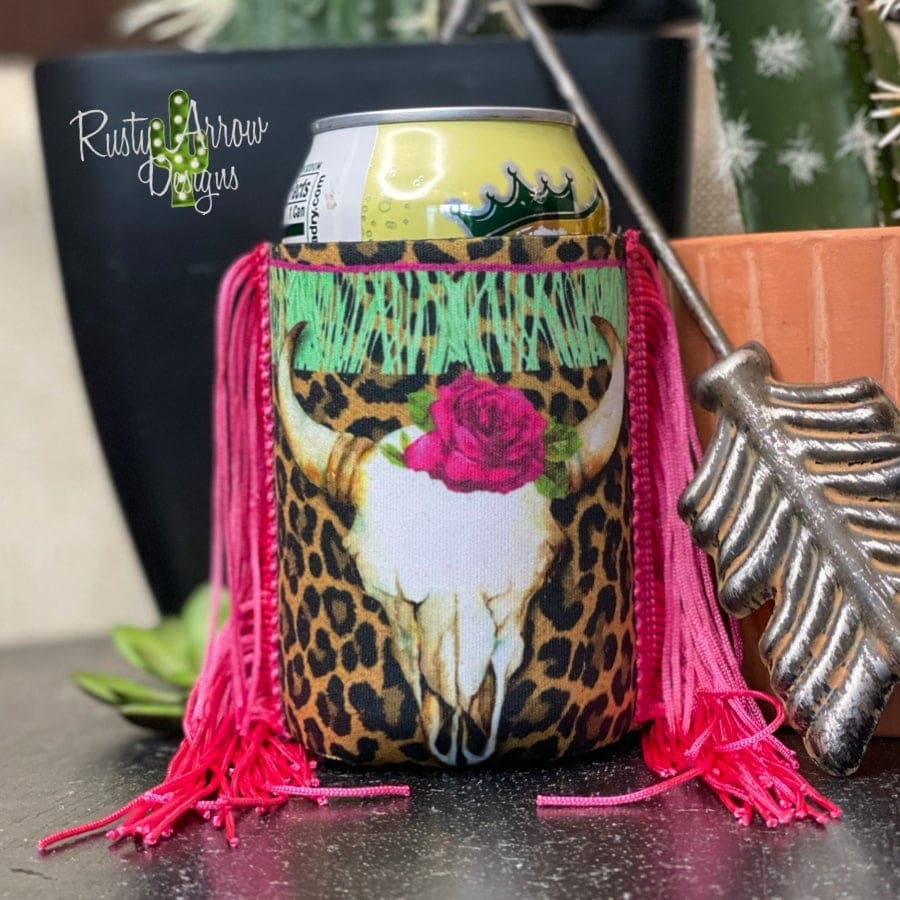 Regular Cheetah Pink Bull  Fringe Koozie