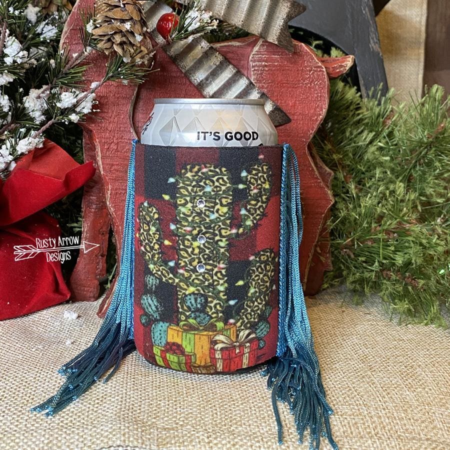 Regular Christmas Cheetah Cactus Fringe Koozie