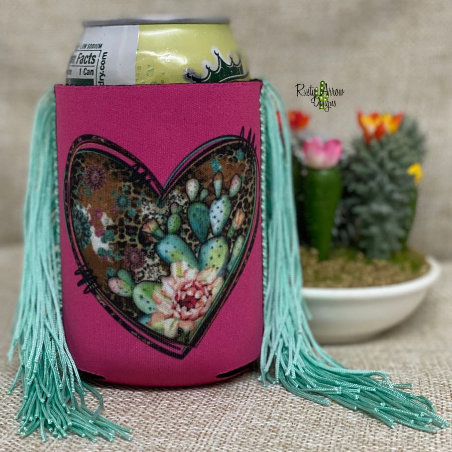 Regular Koozie Cactus Heart  Fringe Koozie