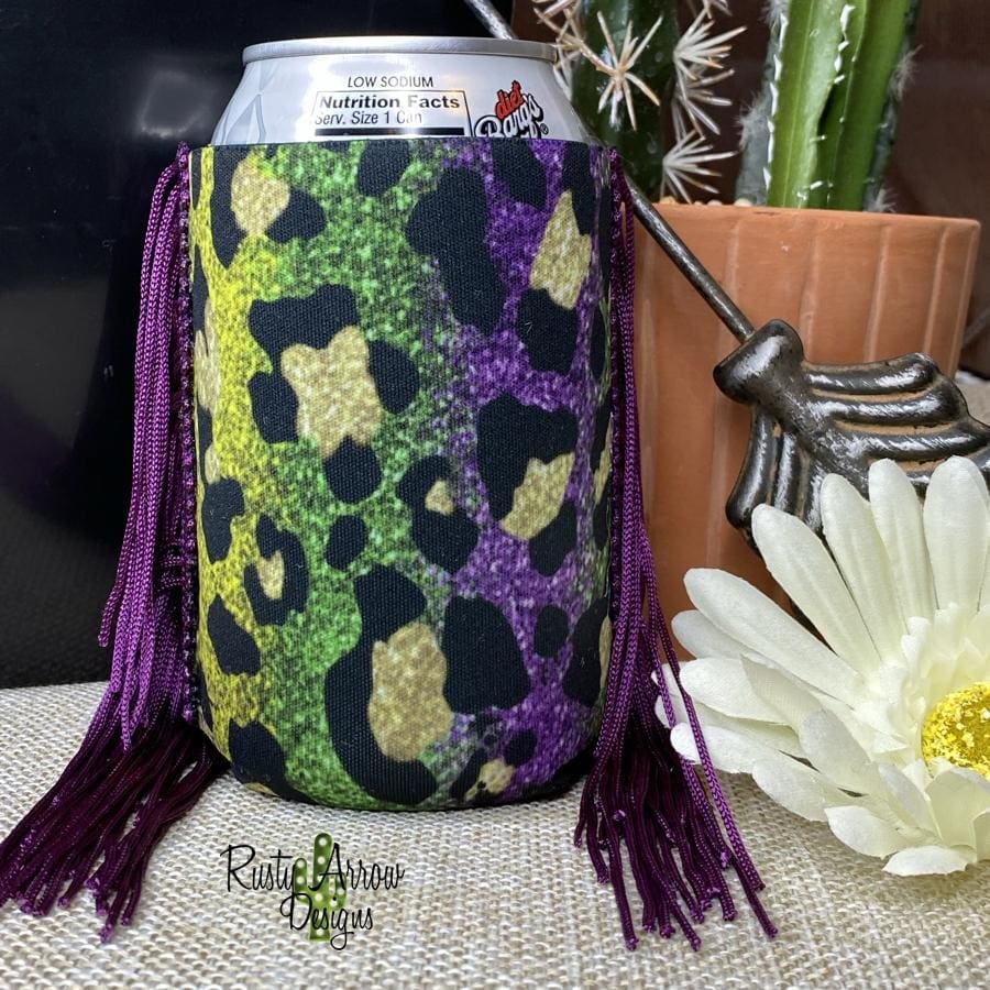 Regular Mardi Gras Cheetah Fringe Koozie