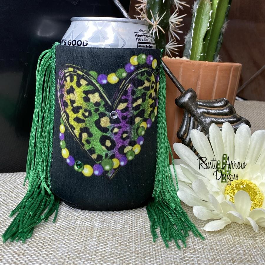 Regular Mardi Gras Cheetah Heart  Fringe Koozie