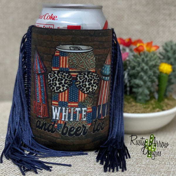 Regular Red White Blue and Beer Too Fringe Koozie - Koozie