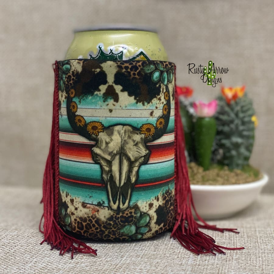 Regular Serape Bull Skull Fringe Koozie