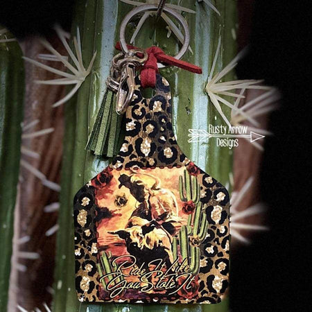 Cheetah With Cactus Plant Livestock Ear Tag Key Chain