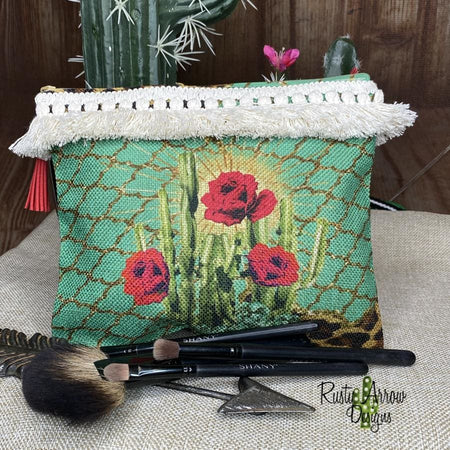 Coral Roses and Cheetah Makeup/ Cosmetic Bags