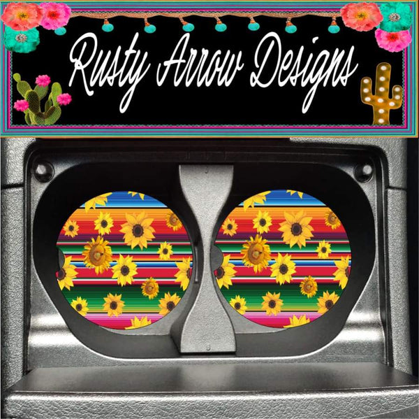 Serape and Sunflowers Set of 2 Car Coasters - Car Coasters