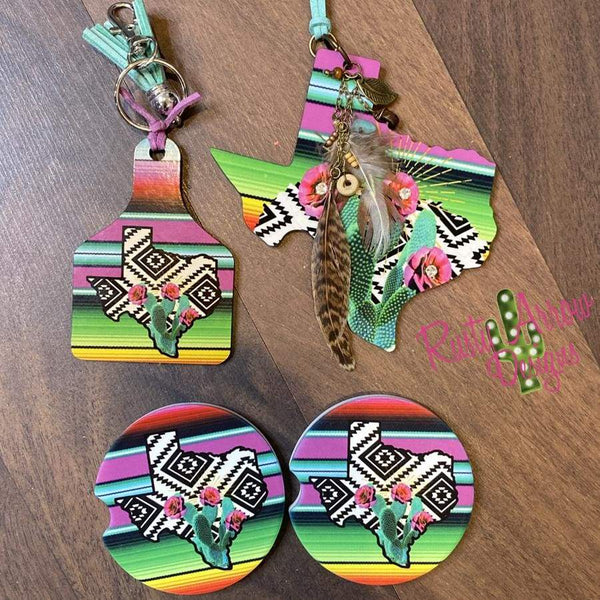 Serape Aztec Texas Cactus Livestock Ear Tag Key chain