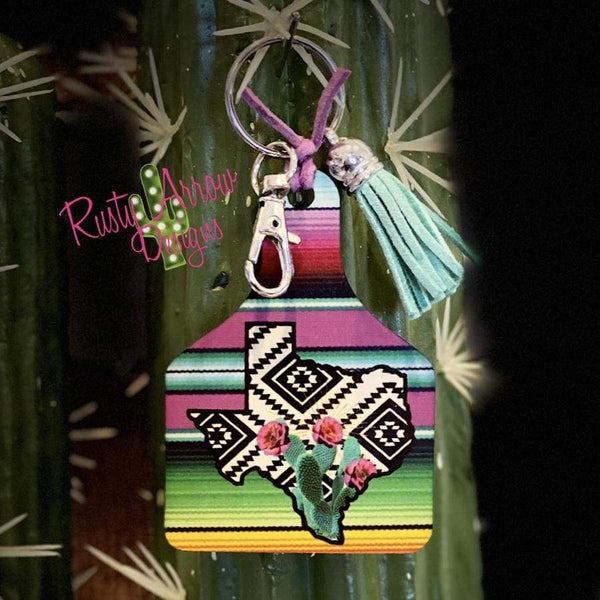 Serape Aztec Texas Cactus Livestock Ear Tag Key chain