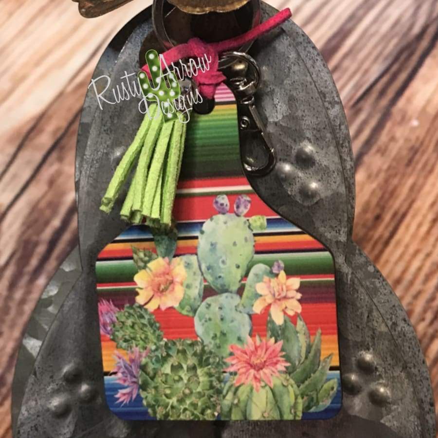 Serape Cactus Plants Livestock Ear Tag Key Chain