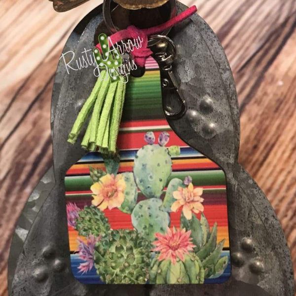 Serape Cactus Plants Livestock Ear Tag Key Chain