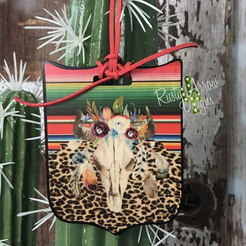 Serape Cheetah Bull Skull Rear View Mirror Charm Bag Tag or Christmas Ornament