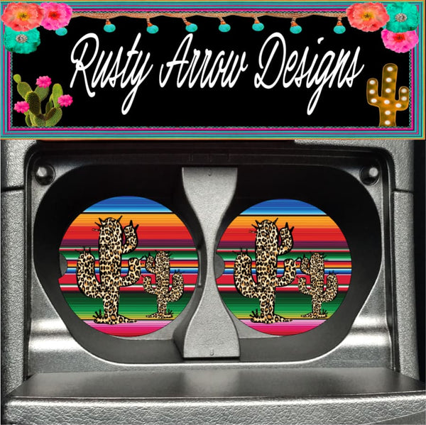 Serape Cheetah Cactus Set of 2 Car Coasters - Car Coasters