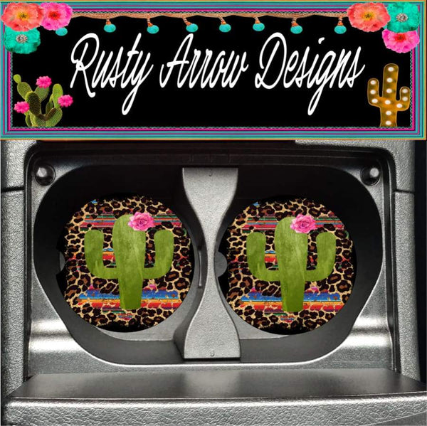 Serape cheetah Cactus Set of 2 Car Coasters - Car Coasters