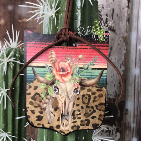 Serape Bull Skull Rodeo Wife Rear View Mirror Charm, Bag Tag, or Christmas Ornament