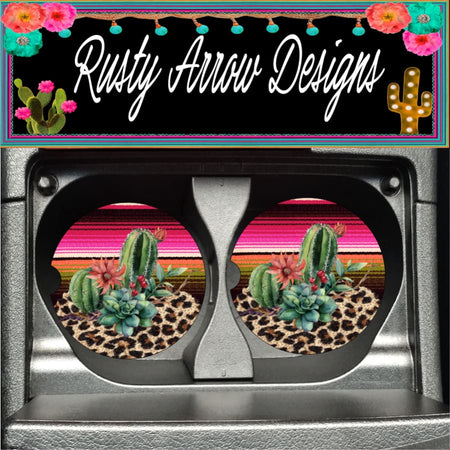 Cheetah Cactus Set of 2 Car Coasters