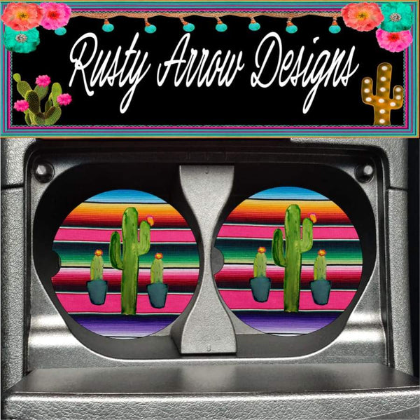 Serape with Cactus Set of 2 Car Coasters - Car Coasters