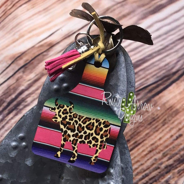 Serape with cheetah bull Livestock Ear Tag Key Chain