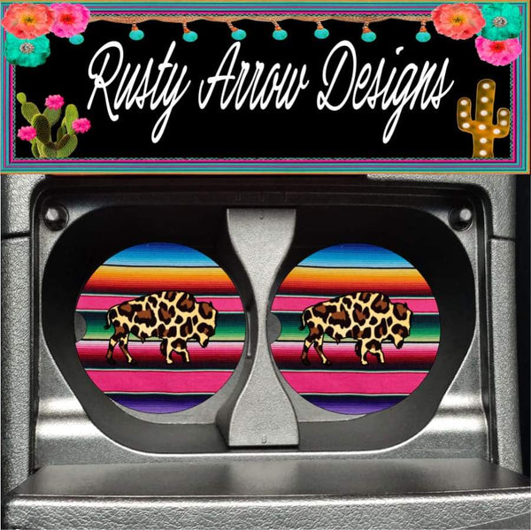 Serape with Cheetah print Buffalo Set of 2 Car Coasters - Car Coasters