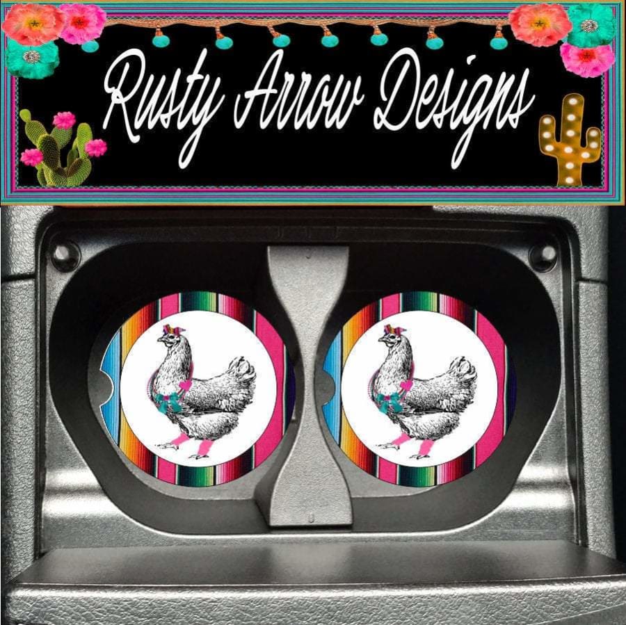 Set Of 2 Car Coasters Funky Serape Chicken Sandstone Car Coasters, Rubber Car Coasters, Cork Car Coasters, Car Decor, Car Accessories