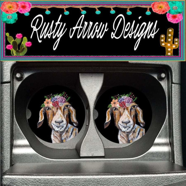 Set Of 2 Car Coasters Goat with Flowers Sandstone Car Coasters Rubber Car Coasters Cork Car Coasters Car Decor Car Accessories - Car