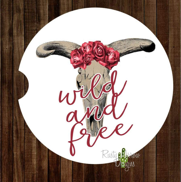 Skull with Red Roses Wild and Free Set of 2 Car Coasters - Car Coasters