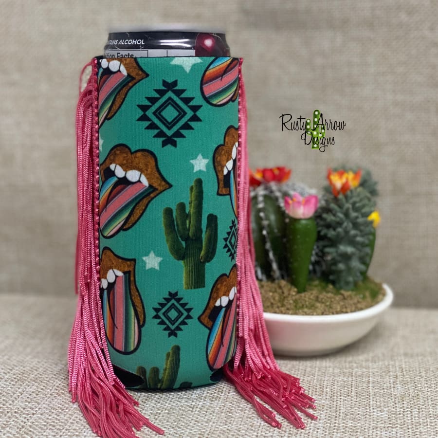 Slim Aztec Tongue and Cactus Fringe Koozie