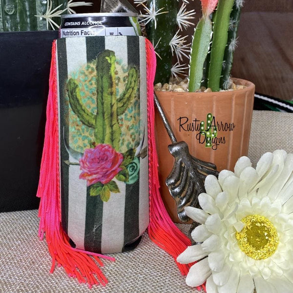 Slim Black and White Cactus with Arrow Fringe Koozie - Koozie