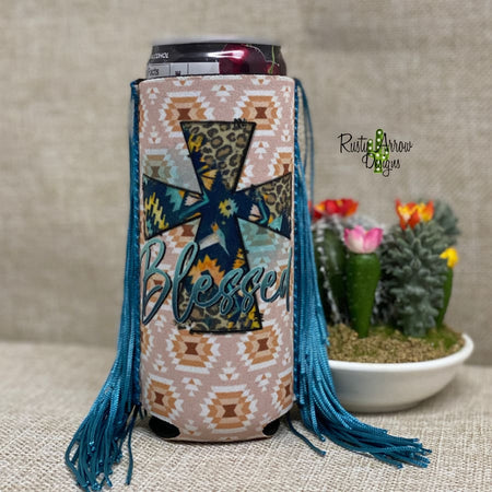 Slim Black and White Cactus with Arrow  Fringe Koozie