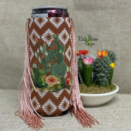 Slim Black and White Cactus with Arrow  Fringe Koozie