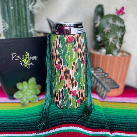 Slim Black and White Cactus with Arrow  Fringe Koozie