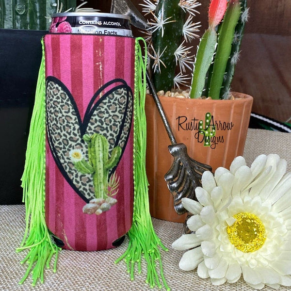 Slim Cheetah Heart Cactus Fringe Koozie - Koozie