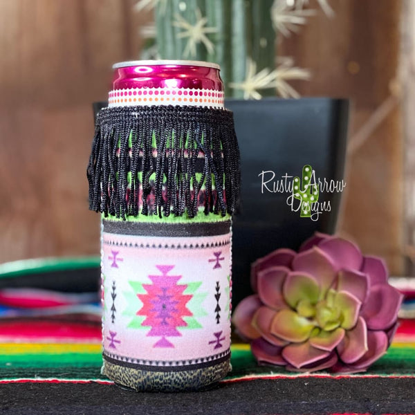 Slim Cheetah Pink Aztec Fringe Koozie - Slim - Koozie