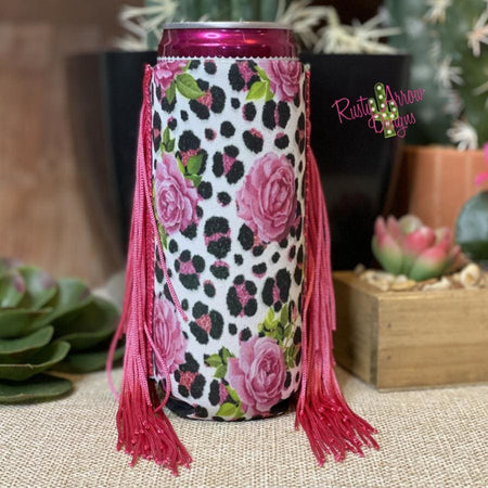 Slim Black and White Cactus with Arrow  Fringe Koozie