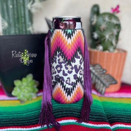 Slim Black and White Cactus with Arrow  Fringe Koozie
