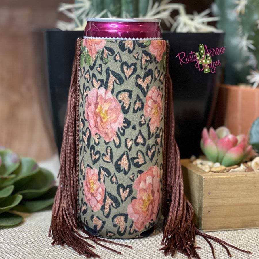 Slim Coral Roses Cheetah  Fringe Koozie
