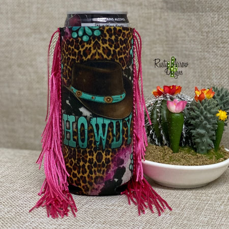Slim Black and White Cactus with Arrow  Fringe Koozie
