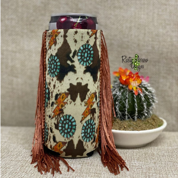 Slim CowPrint turquoise stones and Bolts Fringe Koozie - Koozie