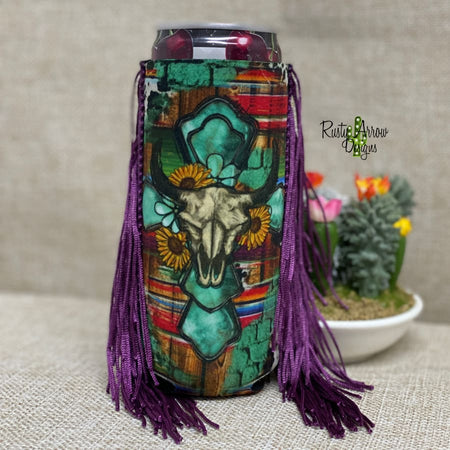 Slim Black and White Cactus with Arrow  Fringe Koozie