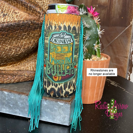 Slim Black and White Cactus with Arrow  Fringe Koozie