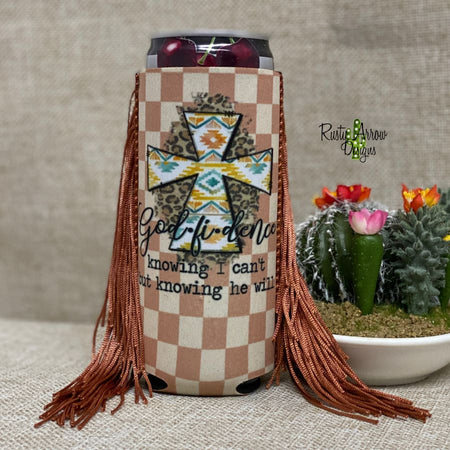 Slim Black and White Cactus with Arrow  Fringe Koozie