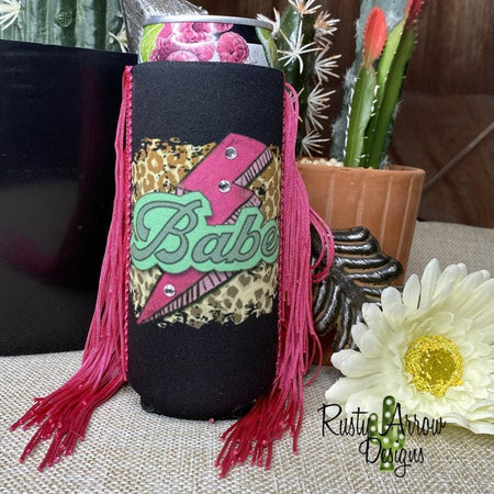 Slim Black and White Cactus with Arrow  Fringe Koozie
