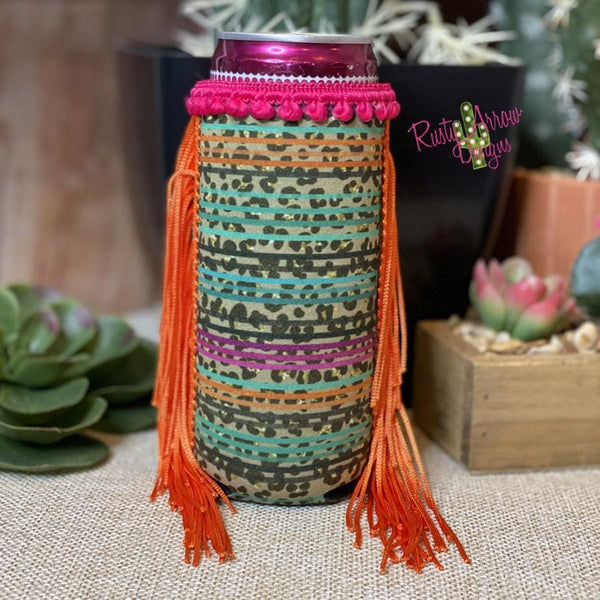 Slim Multi Color with Cheetah Fringe Koozie - Koozie
