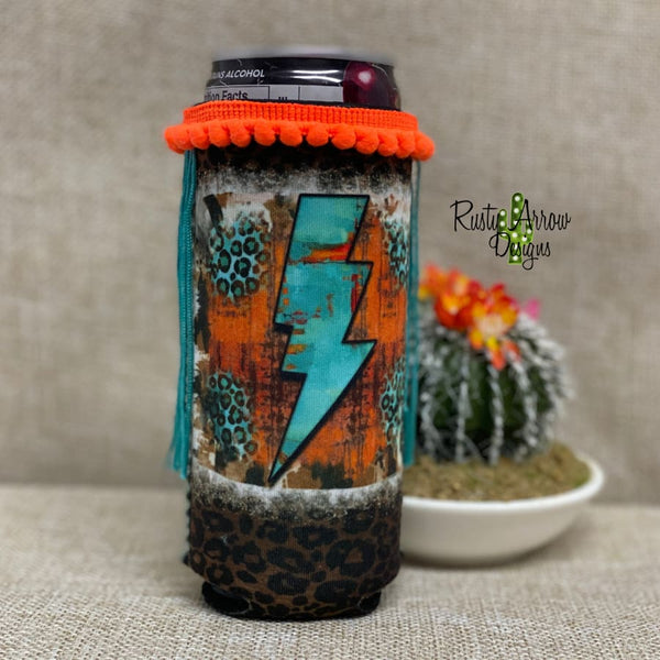 Slim Orange and Turquoise Lightning Bolt Fringe Koozie - Koozie