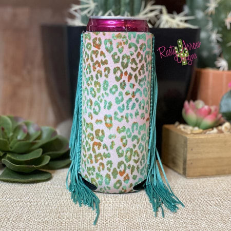 Slim Black and White Cactus with Arrow  Fringe Koozie