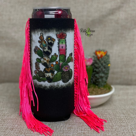 Slim Black and White Cactus with Arrow  Fringe Koozie