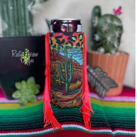 Slim Black and White Cactus with Arrow  Fringe Koozie